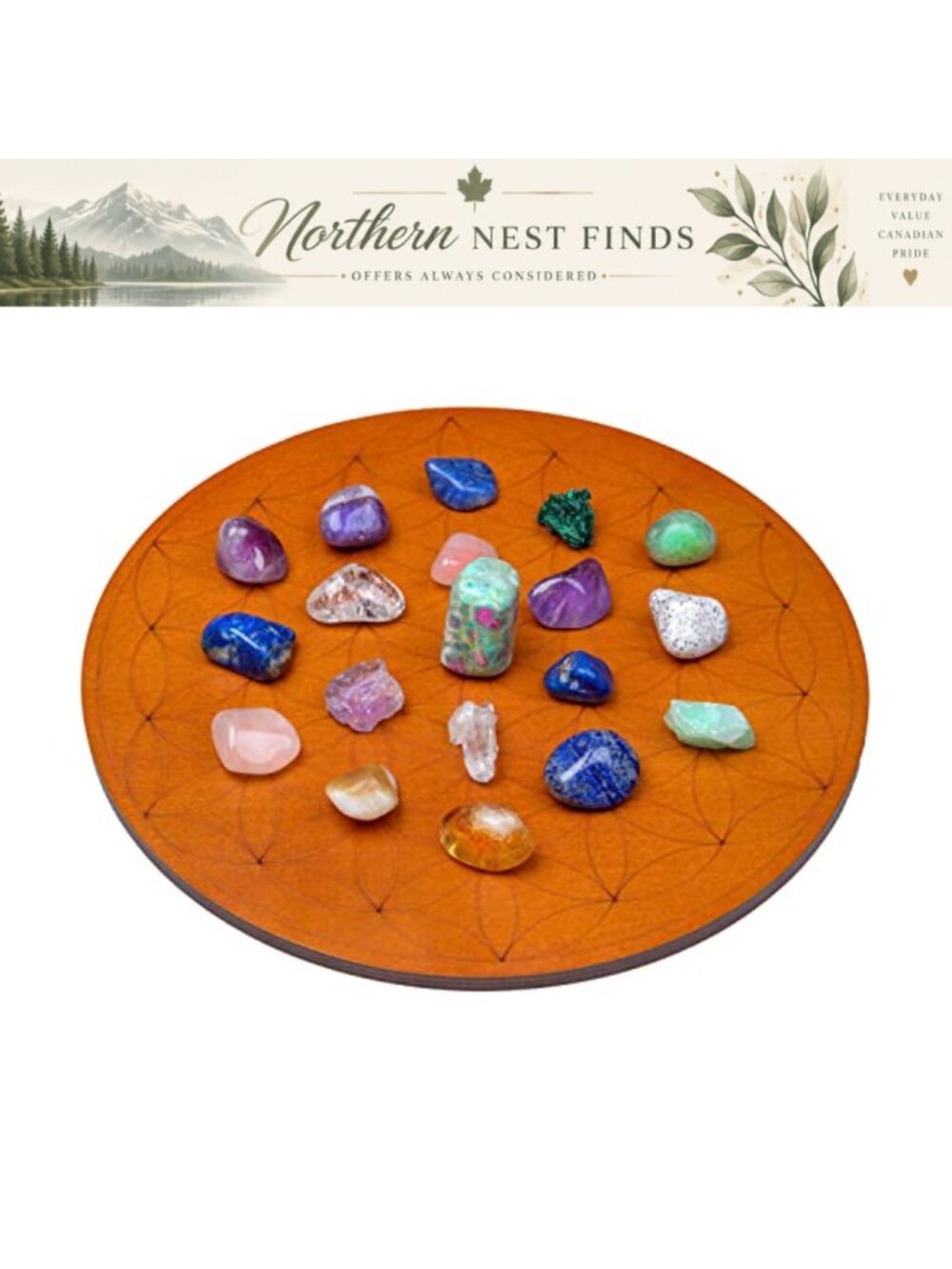 Crystal Grid Board Flower of Life Sacred Geometry Pine Wood 10" Round Charging
